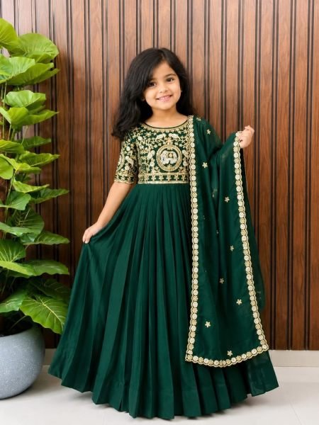 Stunning Green Kids Party Wear Gown with Heavy Embroidery and Hand Work at Manufacturer  Kurtis