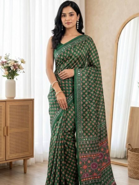 Stunning Green Premium Semi Modal Silk Saree with Handmade Mirror Detailing 