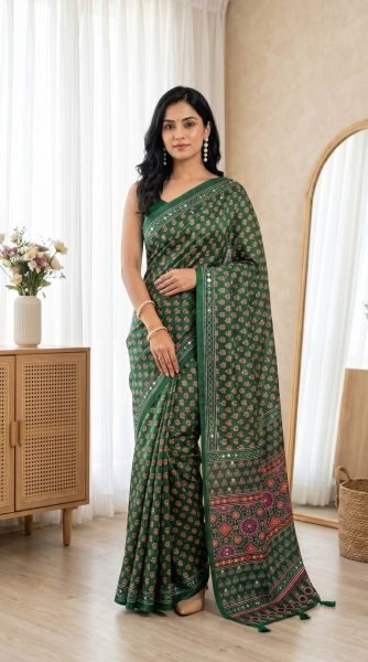 Stunning Green Premium Semi Modal Silk Saree with Handmade Mirror Detailing Printed Cotton Sarees Wholesale
