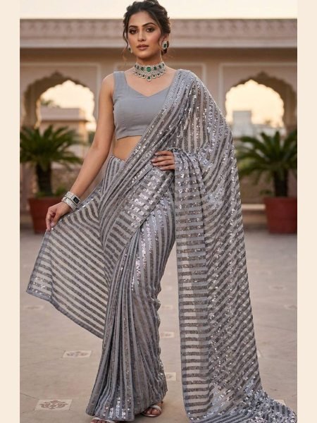 Stunning Grey Sequins Work Saree for Wedding and Reception Wear 