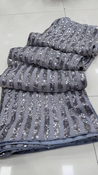 Stunning Grey Sequins Work Saree for Wedding and Reception Wear Bollywood Fancy Sarees Wholesale