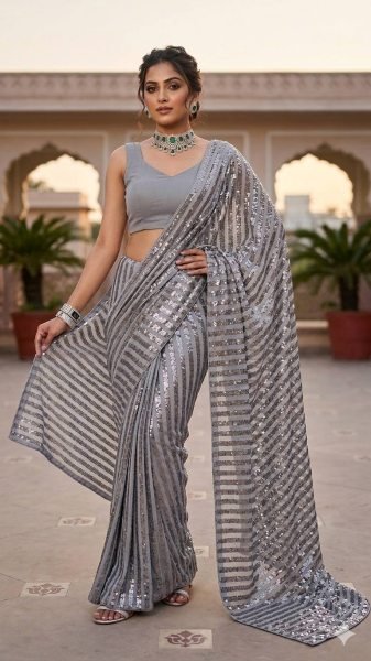 Stunning Grey Sequins Work Saree for Wedding and Reception Wear Bollywood Fancy Sarees Wholesale