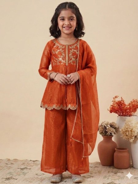 Stunning Kids Orange Crunchy Silk Kurta Palazzo Set With Embroidery Work 