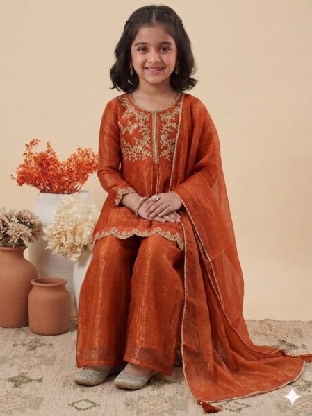 Stunning Kids Orange Crunchy Silk Kurta Palazzo Set With Embroidery Work  Girls Wear