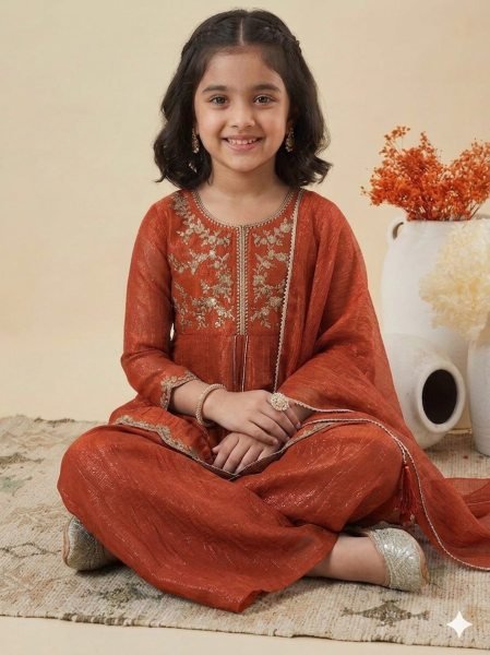 Stunning Kids Orange Crunchy Silk Kurta Palazzo Set With Embroidery Work  Girls Wear