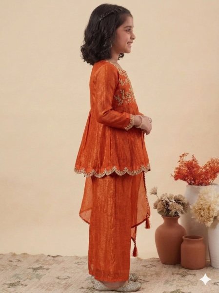 Stunning Kids Orange Crunchy Silk Kurta Palazzo Set With Embroidery Work  Girls Wear