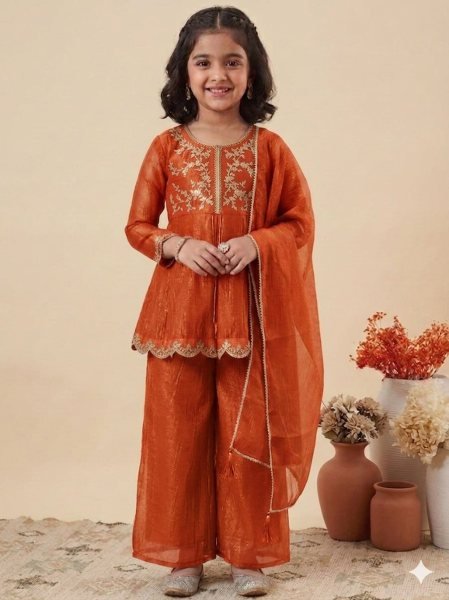 Stunning Kids Orange Crunchy Silk Kurta Palazzo Set With Embroidery Work  Girls Wear