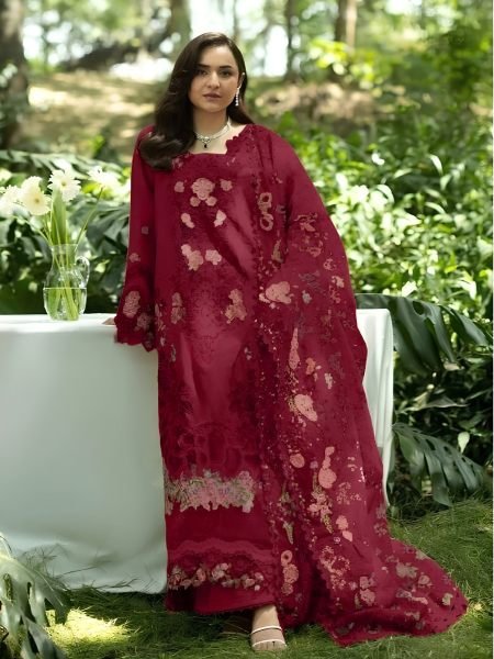 Stunning Maroon Cotton Chikankari Embroidered Suit with Printed Maslin Dupatta 