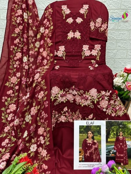 Stunning Maroon Cotton Chikankari Embroidered Suit with Printed Maslin Dupatta Pakistani Suits Wholesale