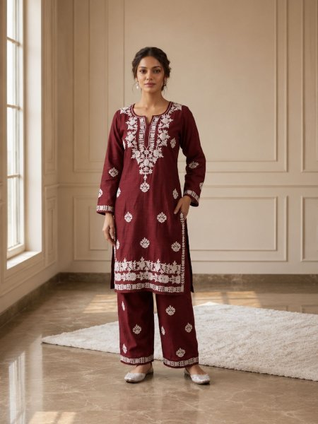 Stunning Maroon Embroidery Work Kurti with Comfortable Rayon Bottom 