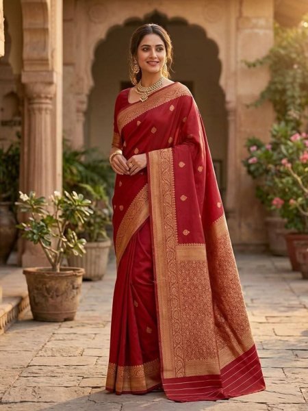 Stunning Maroon Lichi Silk Saree with Traditional Style and Matching Blouse Sarees 