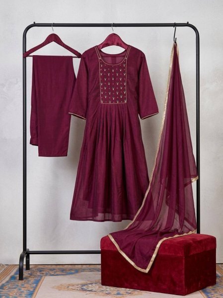 Stunning Maroon Mul Chanderi Kurti Set with Handwork Yoke and Roman Silk Bottom Anarkali Kurtis 