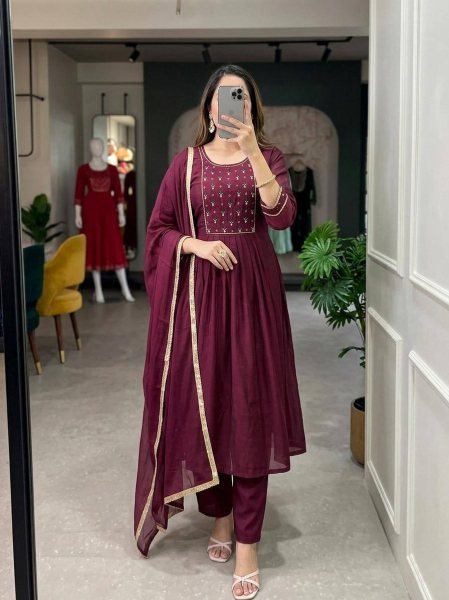 Stunning Maroon Mul Chanderi Kurti Set with Handwork Yoke and Roman Silk Bottom Anarkali Kurtis 