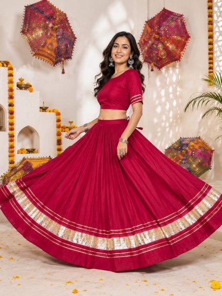 Stunning Maroon Rayon Cotton Navratri Chaniya with Gold Lace Border for Cultural Celebrations  Lehenga