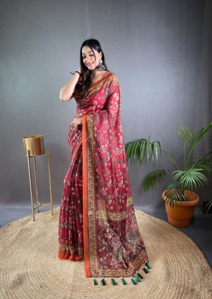 Stunning Maroon Soft Malai Cotton Saree with Rich Pallu For Traditional Look Printed Cotton Sarees Wholesale