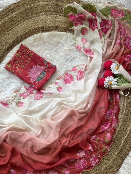 Stunning Maroon Soft Organza Tabby Silk Saree with Handwork Blouse at Factory Price Silk Sarees Wholesale