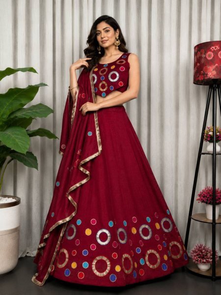 Stunning Maroon Vichitra Silk Lehenga Choli with Vintage Embroidered Dupatta  Lehenga