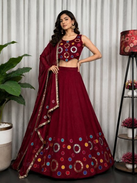 Stunning Maroon Vichitra Silk Lehenga Choli with Vintage Embroidered Dupatta Navratri Lehnega Choli