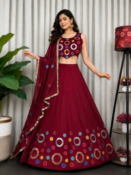 Stunning Maroon Vichitra Silk Lehenga Choli with Vintage Embroidered Dupatta Navratri Lehnega Choli