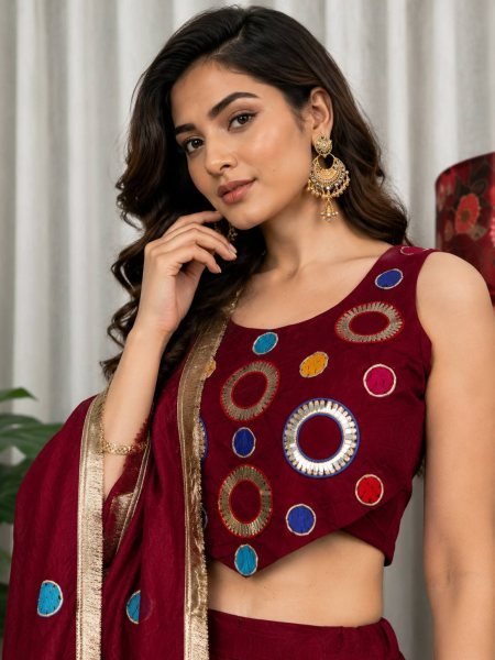 Stunning Maroon Vichitra Silk Lehenga Choli with Vintage Embroidered Dupatta Navratri Lehnega Choli