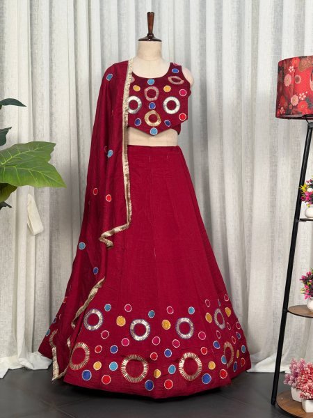 Stunning Maroon Vichitra Silk Lehenga Choli with Vintage Embroidered Dupatta Navratri Lehnega Choli