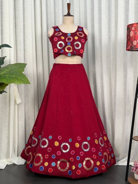 Stunning Maroon Vichitra Silk Lehenga Choli with Vintage Embroidered Dupatta Navratri Lehnega Choli