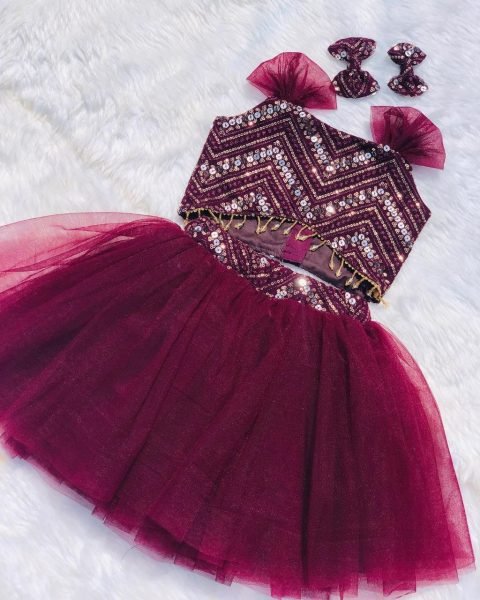 Kid s for Marron Top and Skirt with Georgette Sequence  Work Girls Wear