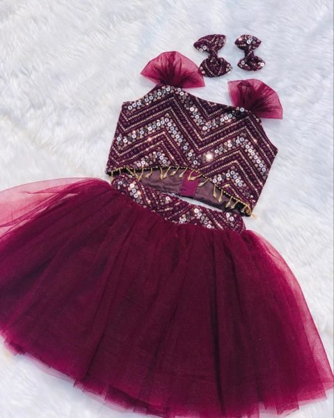 Kid s for Marron Top and Skirt with Georgette Sequence  Work Girls Wear