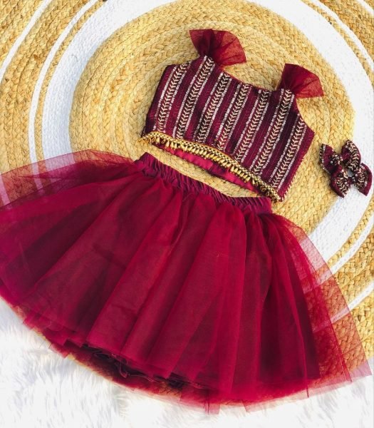 Kid s for Marron Top and Skirt with Georgette Sequence  Work Girls Wear