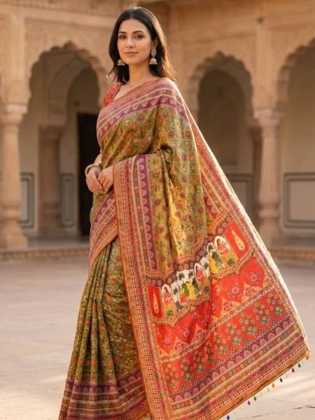 Radiant Multi Roman Silk Ajrakh Print Saree with Mirror Work for Festive Wear Sarees 
