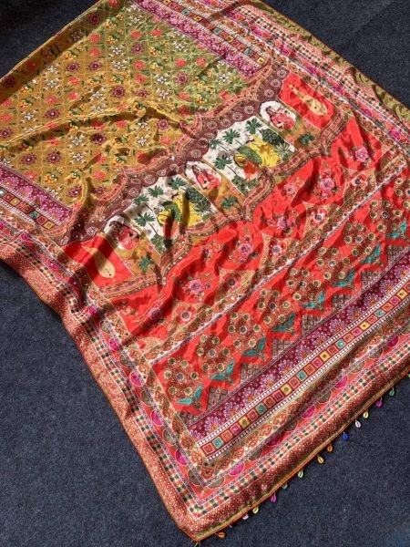 Radiant Multi Roman Silk Ajrakh Print Saree with Mirror Work for Festive Wear Silk Sarees Wholesale