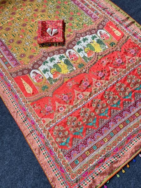 Radiant Multi Roman Silk Ajrakh Print Saree with Mirror Work for Festive Wear Silk Sarees Wholesale