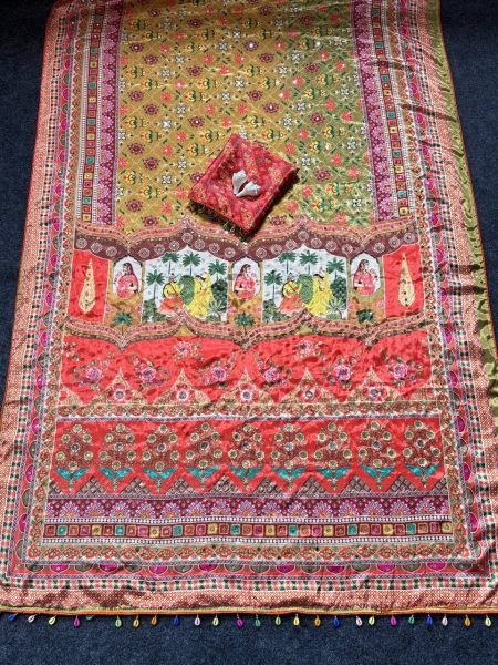 Radiant Multi Roman Silk Ajrakh Print Saree with Mirror Work for Festive Wear Silk Sarees Wholesale