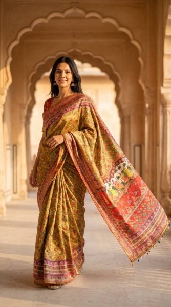 Radiant Multi Roman Silk Ajrakh Print Saree with Mirror Work for Festive Wear Silk Sarees Wholesale