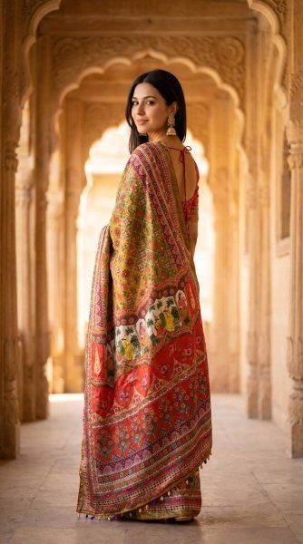 Radiant Multi Roman Silk Ajrakh Print Saree with Mirror Work for Festive Wear Silk Sarees Wholesale