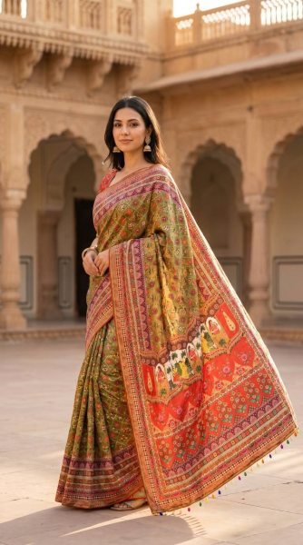 Radiant Multi Roman Silk Ajrakh Print Saree with Mirror Work for Festive Wear Silk Sarees Wholesale