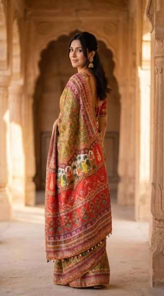 Radiant Multi Roman Silk Ajrakh Print Saree with Mirror Work for Festive Wear Silk Sarees Wholesale