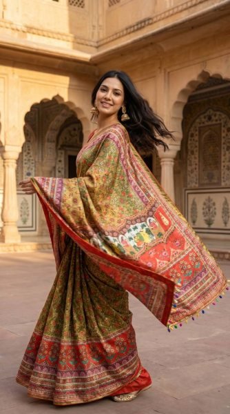 Radiant Multi Roman Silk Ajrakh Print Saree with Mirror Work for Festive Wear Silk Sarees Wholesale