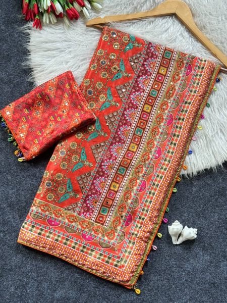 Radiant Multi Roman Silk Ajrakh Print Saree with Mirror Work for Festive Wear Silk Sarees Wholesale