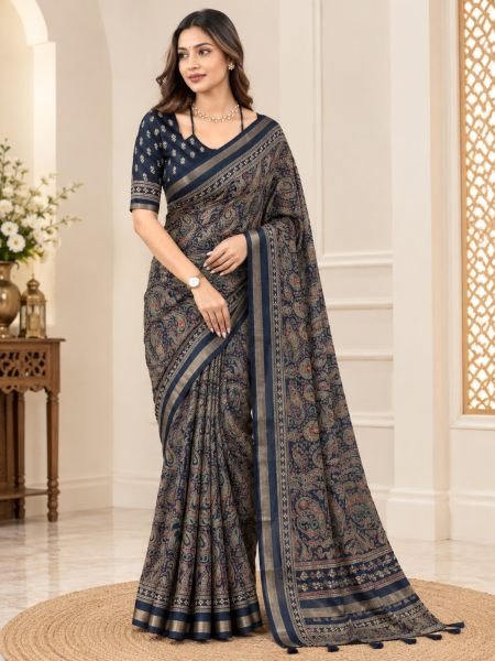 Stunning Navy Blue Pure Mul Cotton Saree with Full Body Mirror Work at Wholesale Rate Sarees 