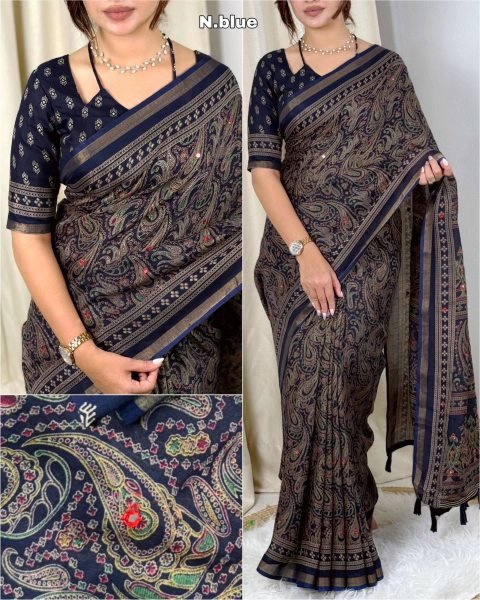 Stunning Navy Blue Pure Mul Cotton Saree with Full Body Mirror Work at Wholesale Rate Printed Cotton Sarees Wholesale
