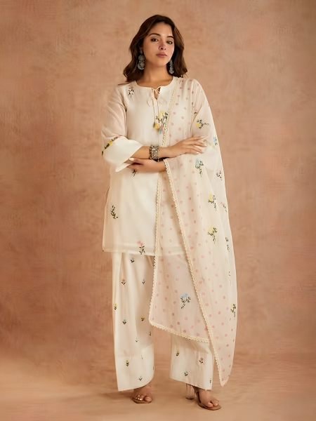 Stunning Offwhite Cotton Silk Top with Multi Needle Embroidery and Farshi Salwar 
