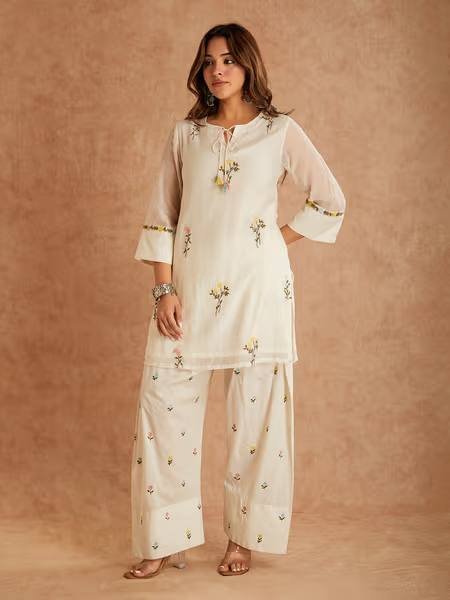 Stunning Offwhite Cotton Silk Top with Multi Needle Embroidery and Farshi Salwar Ready To Wear Collection