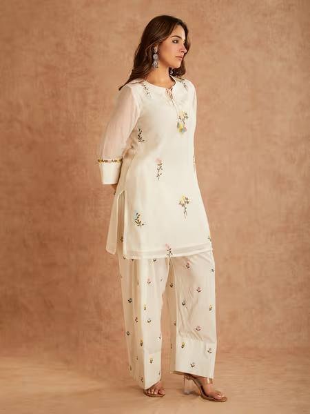 Stunning Offwhite Cotton Silk Top with Multi Needle Embroidery and Farshi Salwar Ready To Wear Collection