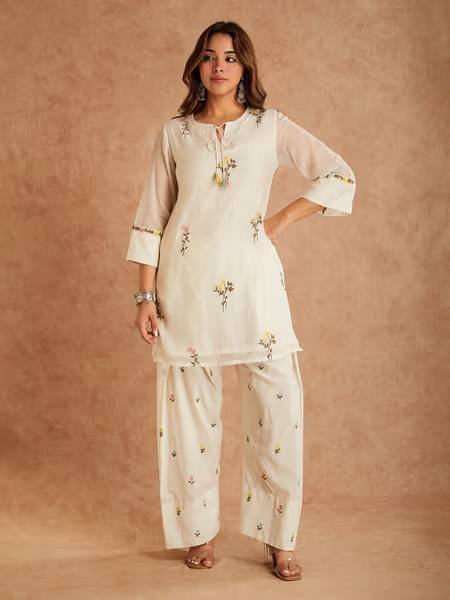 Stunning Offwhite Cotton Silk Top with Multi Needle Embroidery and Farshi Salwar Ready To Wear Collection
