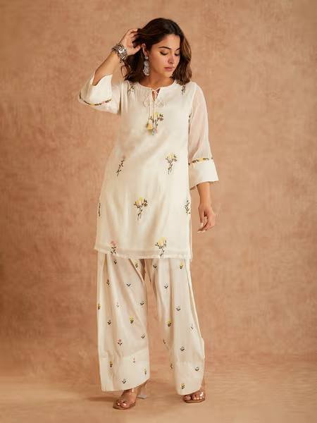 Stunning Offwhite Cotton Silk Top with Multi Needle Embroidery and Farshi Salwar Ready To Wear Collection