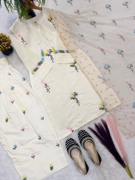 Stunning Offwhite Cotton Silk Top with Multi Needle Embroidery and Farshi Salwar Ready To Wear Collection