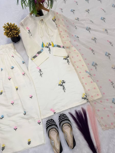 Stunning Offwhite Cotton Silk Top with Multi Needle Embroidery and Farshi Salwar Ready To Wear Collection