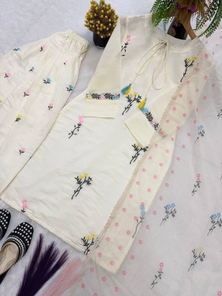 Stunning Offwhite Cotton Silk Top with Multi Needle Embroidery and Farshi Salwar Ready To Wear Collection