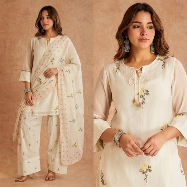 Stunning Offwhite Cotton Silk Top with Multi Needle Embroidery and Farshi Salwar Ready To Wear Collection